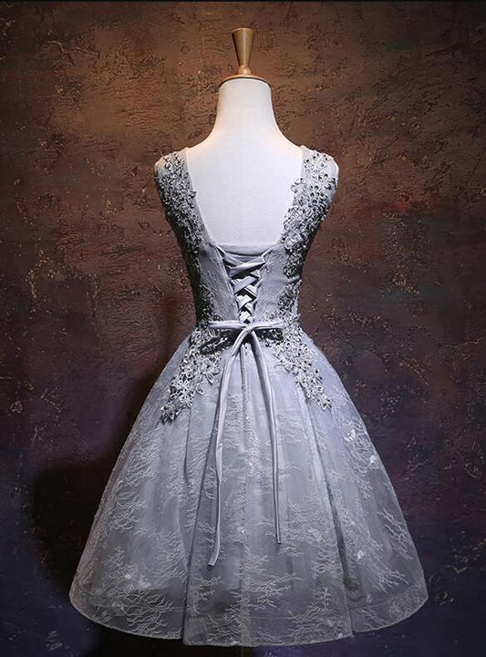 Light Grey Short V-Neckline Applique Julianna Homecoming Dresses Lace Party Dress Grey 2024 DH18782