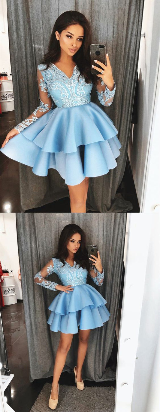 Long Sleeves Short Blue Dresses Short Blue Azaria Homecoming Dresses Lace Graduation Formal Dresses DH188