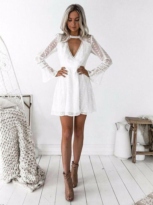 A-Line Jewel Long Sleeves Short White Homecoming Dresses Lace Mireya CD1923