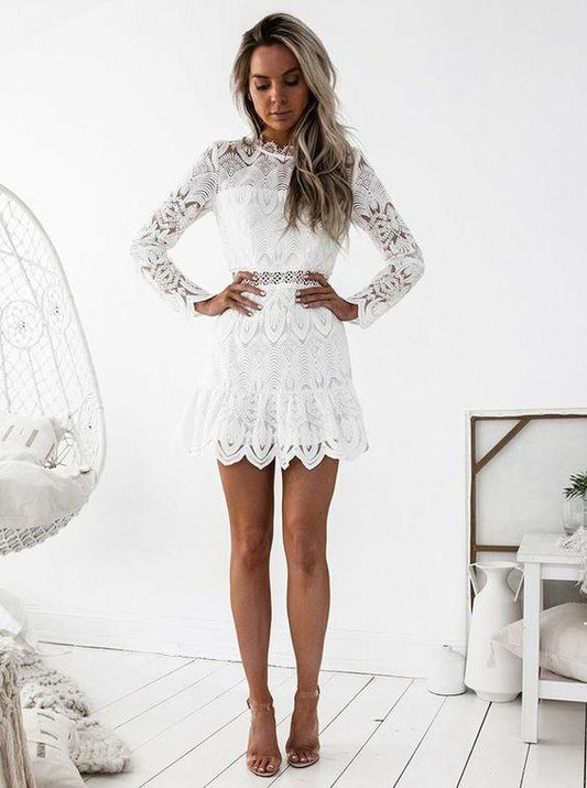 A-Line Round Neck Lucille Lace Homecoming Dresses Long Sleeves Short White CD1925