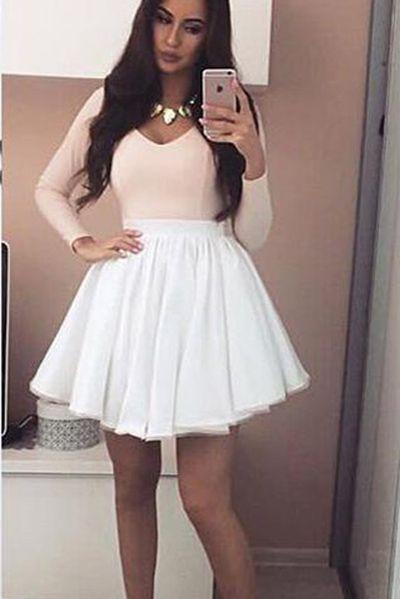 V-Neck Long Sleeves Pink Megan Homecoming Dresses Mini Grad With White Skirt CD1958