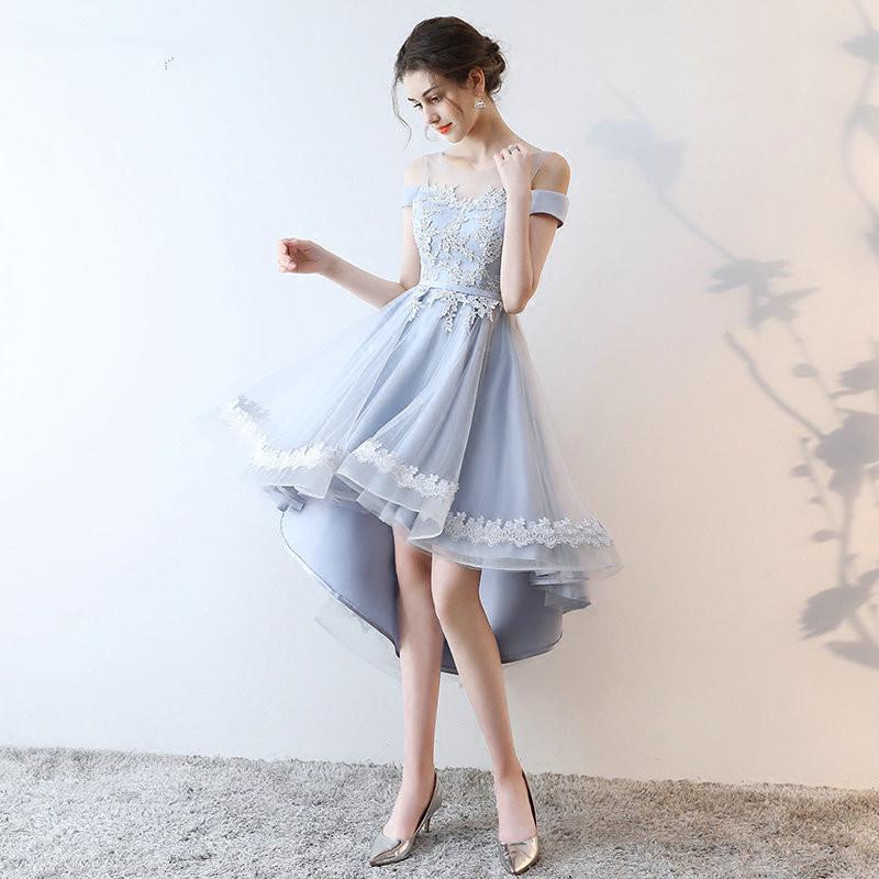 Beautiful Lace Homecoming Dresses Winnie Light Grey Tulle Off Shoulder High Low Party Dress Grey DH19612