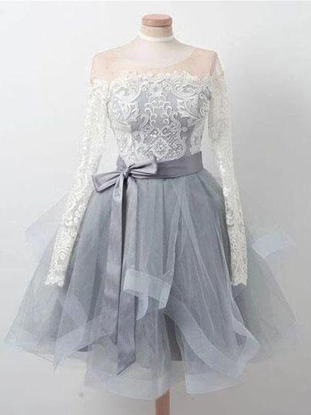 Long Sleeves Homecoming Dresses Haleigh Lace Grey Short Cheap CD20244