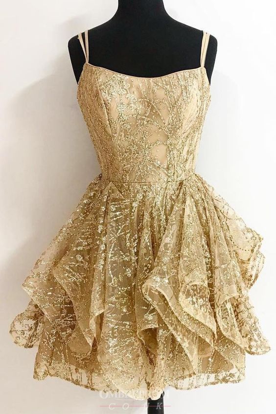 A-Line Sequins Gold Short Glitter Party Dress Cocktail Homecoming Dresses Makena CD2053