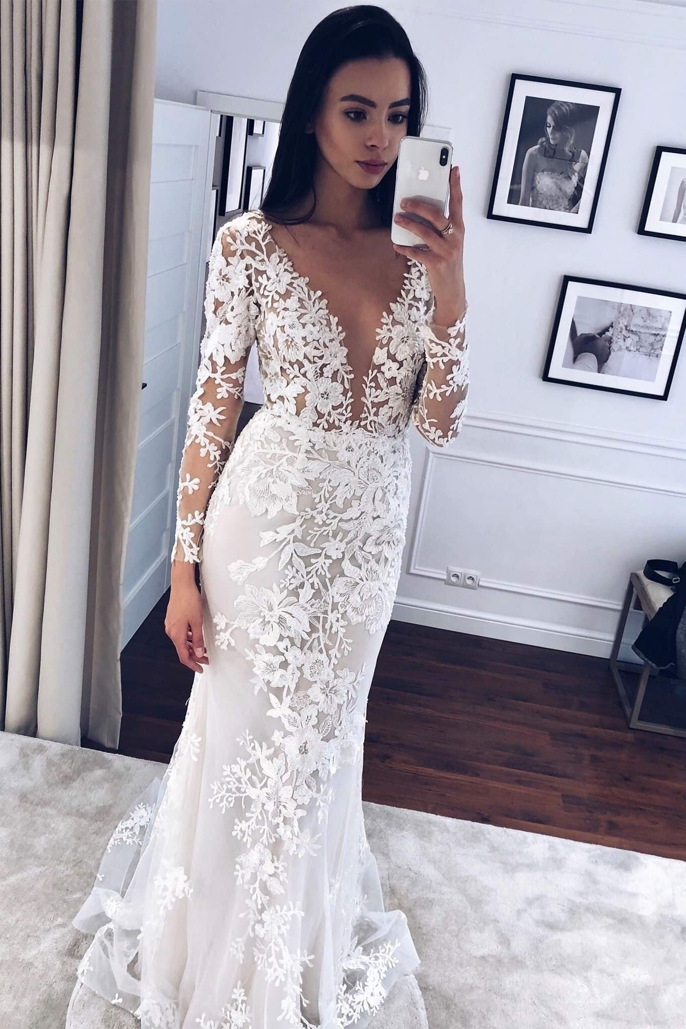 Mermaid Sheath Lace Glamorous Long Sleeves Beach Wedding Dresses