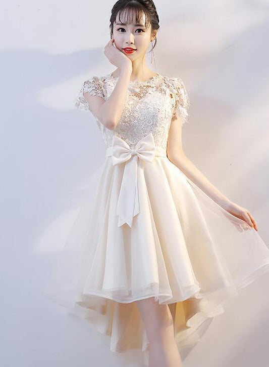 Lovely Champagne Tulle High Low Party Dress Cute Homecoming Dresses Shaylee Lace With Bow DH2090