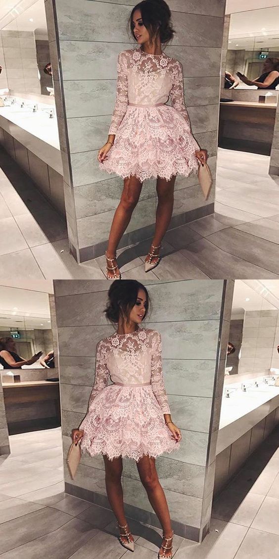 Short Long Sleeves Short Yareli Homecoming Dresses Pink Lace Dresses Tiered Short With Sleeves CD210