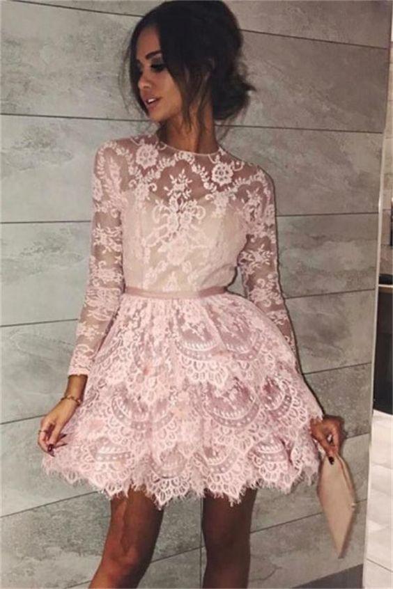 Short Long Sleeves Short Yareli Homecoming Dresses Pink Lace Dresses Tiered Short With Sleeves CD210