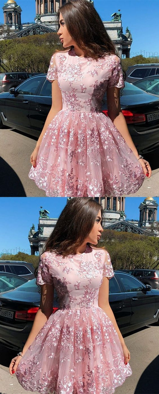 Cute A Line Lace Homecoming Dresses Pink Barbara Round Neck Cap Sleeves Short CD211