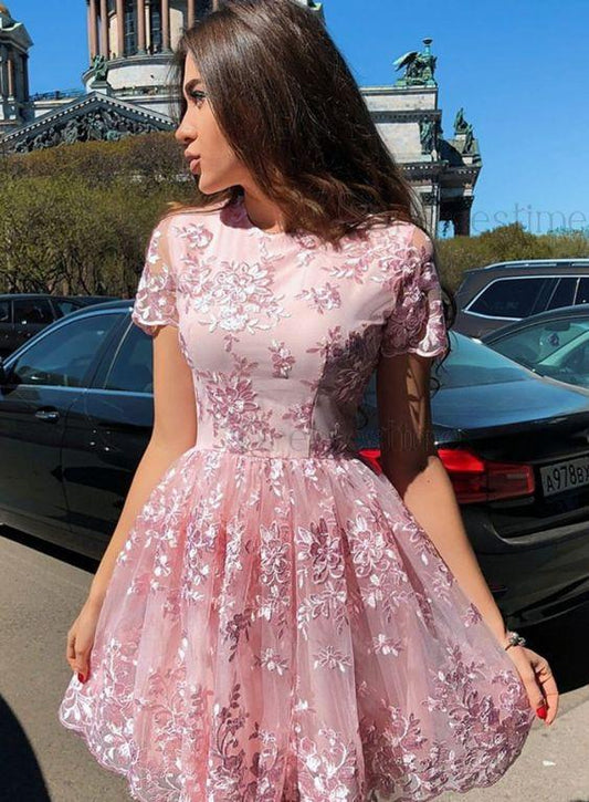 Cute A Line Lace Homecoming Dresses Pink Barbara Round Neck Cap Sleeves Short CD211