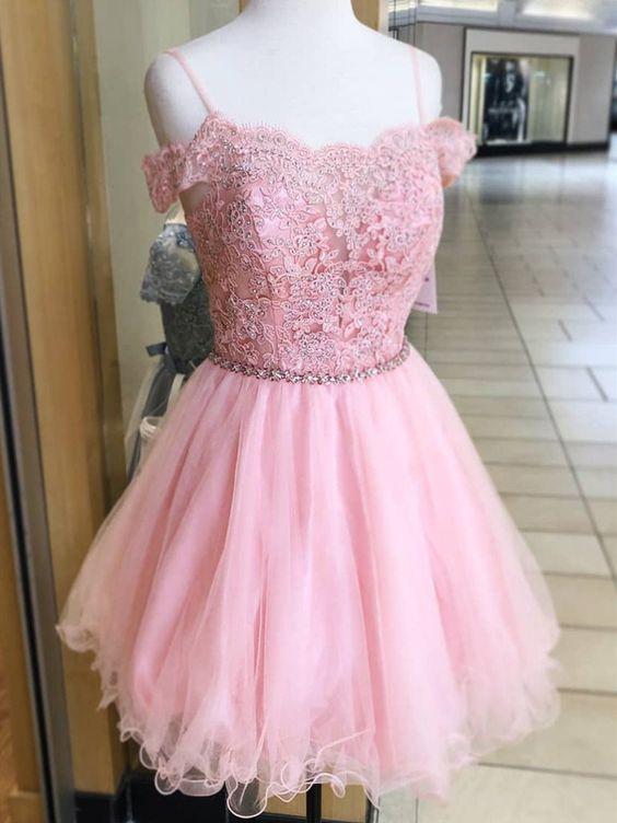 Off Shoulder Short Off Shoulder Formal Graduation Courtney Pink A Line Homecoming Dresses Lace Evening Dresses DH21340