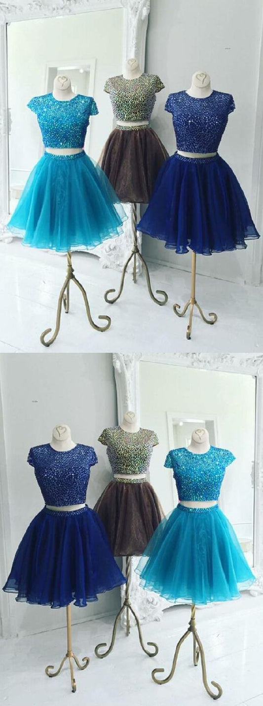 Beautiful Two Piece Stunning Homecoming Dresses Lindsay Royal Blue Two Piece Jewel Cap Sleeves Short Organza DH2135