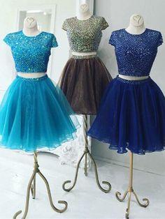 Beautiful Two Piece Stunning Homecoming Dresses Lindsay Royal Blue Two Piece Jewel Cap Sleeves Short Organza DH2135