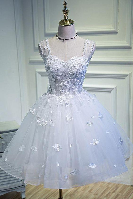 Simple Sweetheart White Up Beads Appliques Chloe Homecoming Dresses Lace Tulle Straps CD21485