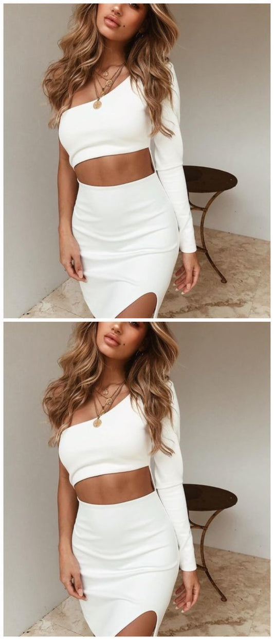 Two Piece One Shoulder Homecoming Dresses Patience Long Sleeve Short CD22247