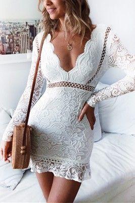 Sexy Long Sleeved White Eleanor Lace Homecoming Dresses V-Neck CD22308