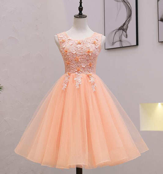 Cute Flowers Pink Lace Jayla Homecoming Dresses And Applique Round Neckline Party Dress DH22425