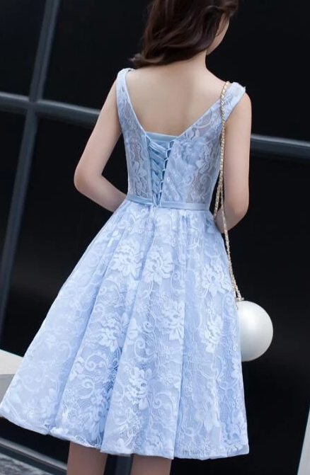 Light Blue Knee Length Round Neckline Party Dress Hana Homecoming Dresses Lace Charming Blue DH2246