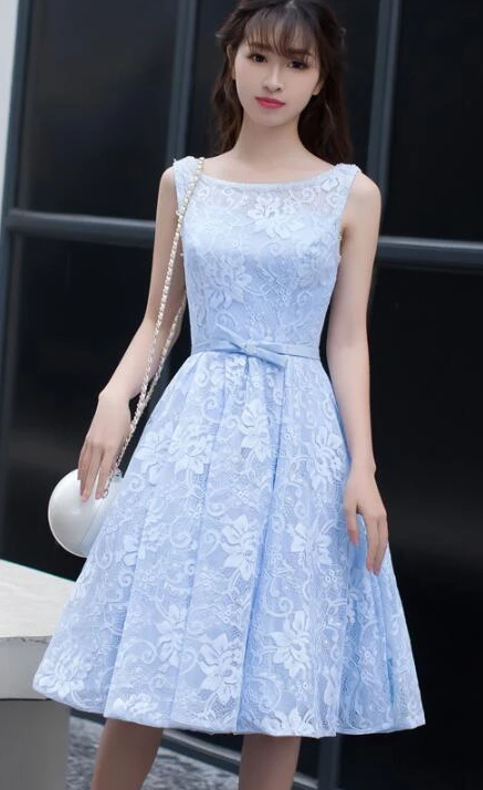 Light Blue Knee Length Round Neckline Party Dress Hana Homecoming Dresses Lace Charming Blue DH2246