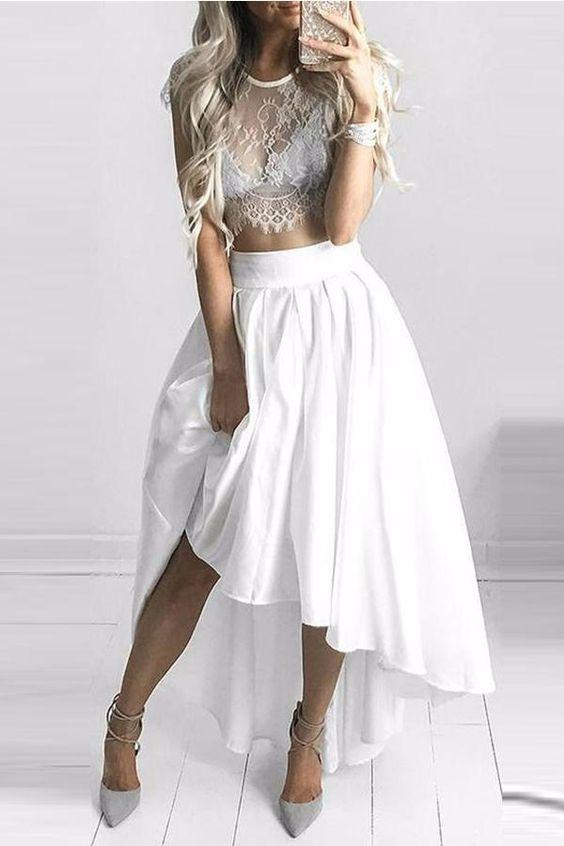 Classy White High Low Two Pieces Homecoming Dresses Carissa Lace CD22538