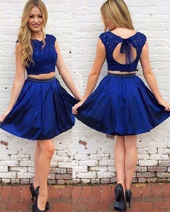 Two Piece Bodice Rosalind Royal Blue Lace Homecoming Dresses Satin CD2262