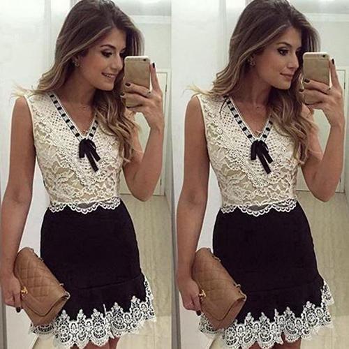 Maribel Lace Cocktail Homecoming Dresses Womens Sexy Summer Patchwork Sleeveless Bowknot Party Mini Dress DH22730