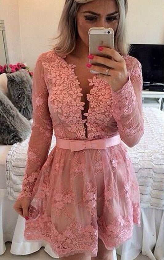 Long Sleeves V Neck Formal Lace Pink Homecoming Dresses Isabela Evening Gown CD22734