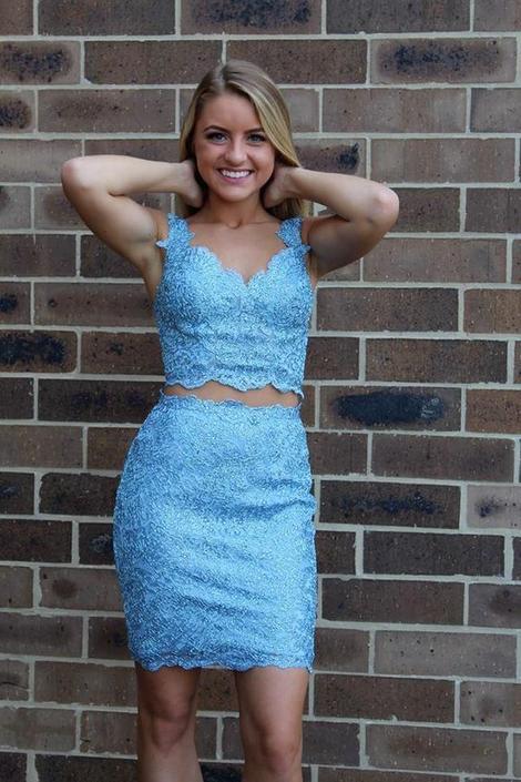 Two Piece Blue Tight Homecoming Dresses Lace Kierra Short Sheath CD22871