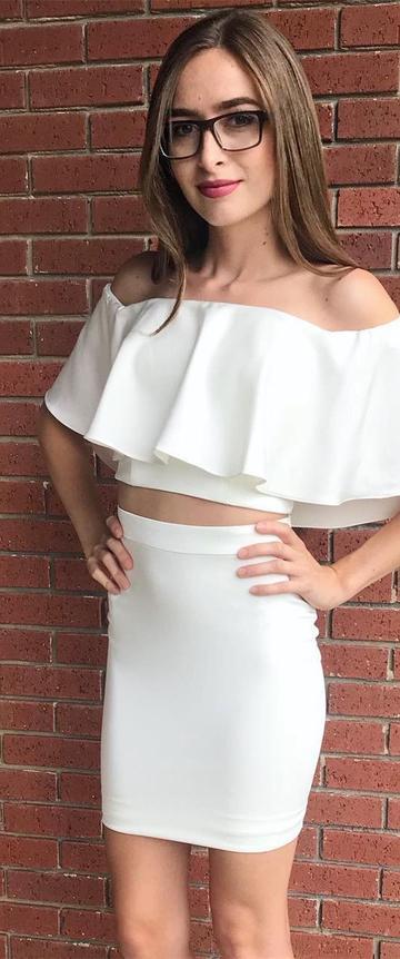 Sexy Jaylee Homecoming Dresses Two Piece Off The Shoulder Short White Tight CD22881