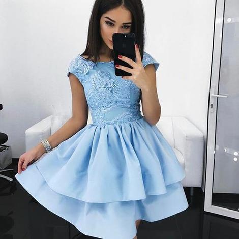 A-Line Bateau Cap Sleeves Light Satin Lace Delilah Homecoming Dresses Sky Blue With CD22923