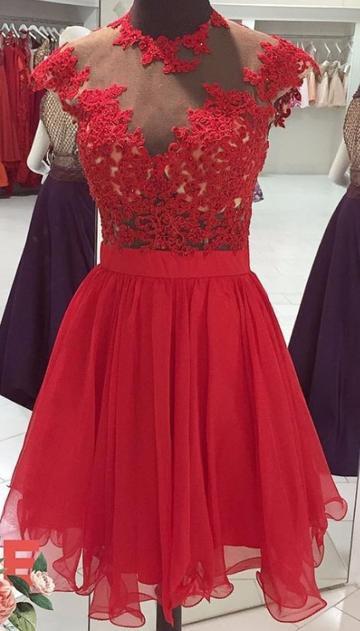 Red With Appliques Beaded High Collar Graduation Party Homecoming Dresses Lace Taryn Gowns CD22924