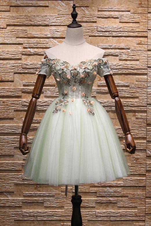 Light Mint Green Knee Length Floral Sweetheart Lace Leila Homecoming Dresses Party Dress Tulle Short DH22968