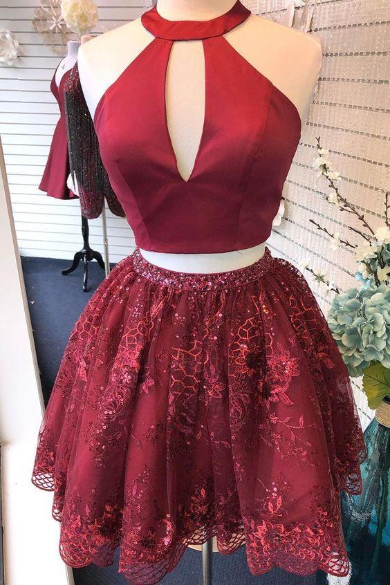 Two Piece Burgundy Beaded Sequins Homecoming Dresses Yesenia With Cut Out CD23084