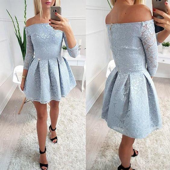 Jaylene Lace Homecoming Dresses Light Blue Off Shoulder Long Sleeve Simple CD23169