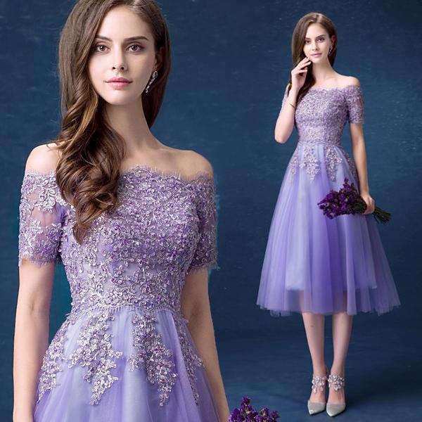 Lavender Tulle Short Applique Beaded Off Shoulder Homecoming Dresses Lace Desirae Party Dress Short DH23216