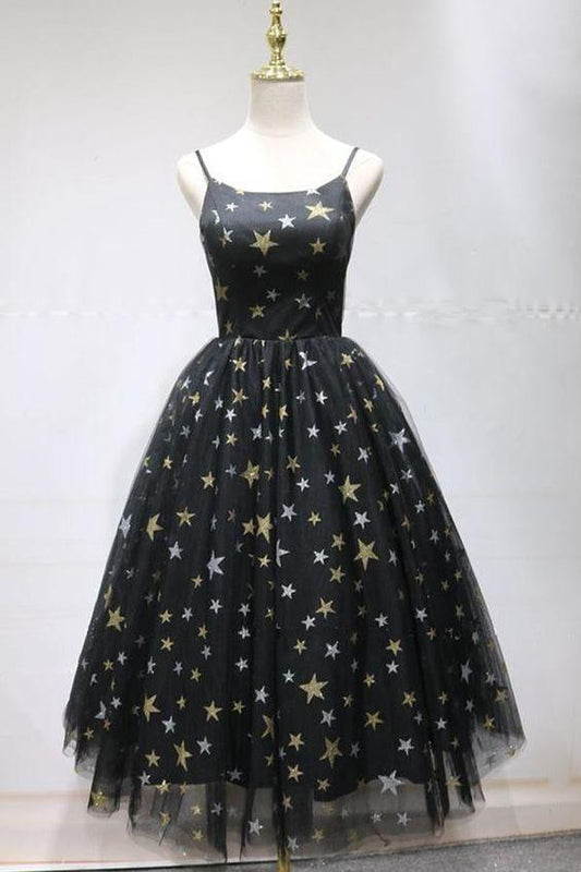 Bailey Cocktail Homecoming Dresses Unique Black Star Printed Tulle Open Back Short Dress CD23293