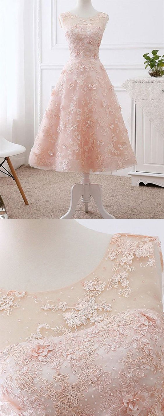 Elegant Homecoming Dresses Pink Lilliana Lace A-Line Scoop Neck Tea Length Short CD23294