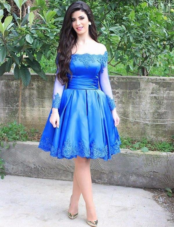 Princess Off The Shoulder Blue Short Long Sleeves Homecoming Dresses A Line Amani CD2329