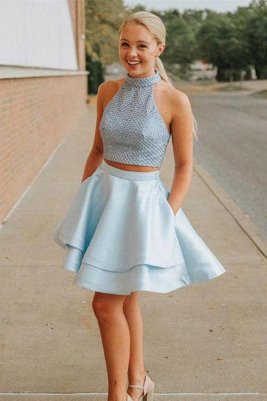 Halter Homecoming Dresses Two Pieces Destiny Sleeveless Backless Blue Short CD232