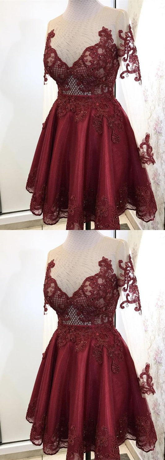 Elegant Lace Homecoming Dresses Lana Burgundy Tulle Long Sleeves CD2354