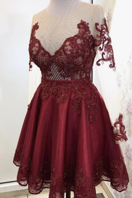 Elegant Lace Homecoming Dresses Lana Burgundy Tulle Long Sleeves CD2354