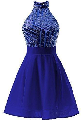 Chiffon Cocktail Homecoming Dresses Cali Pink A-Line Halter Short Dress With Sequins CD23627