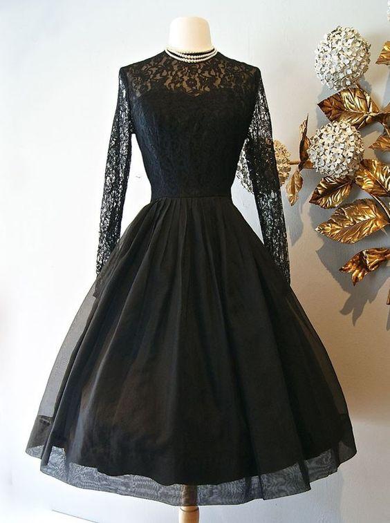 Vintage Homecoming Dresses Phoenix Lace Style A-Line Knee-Length Long Sleeves Black With CD23633