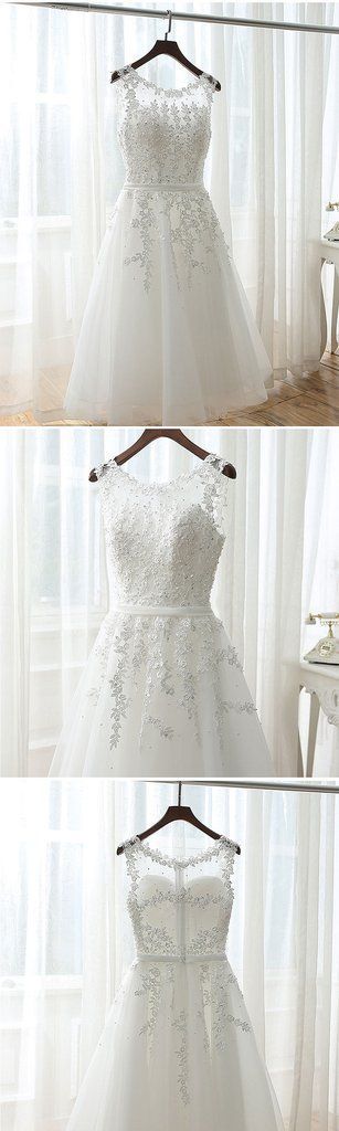 Lovely Tea Length White Tulle And Round Neckline Party Dresses Lace Homecoming Dresses Braelyn White Formal Dresses DH23697