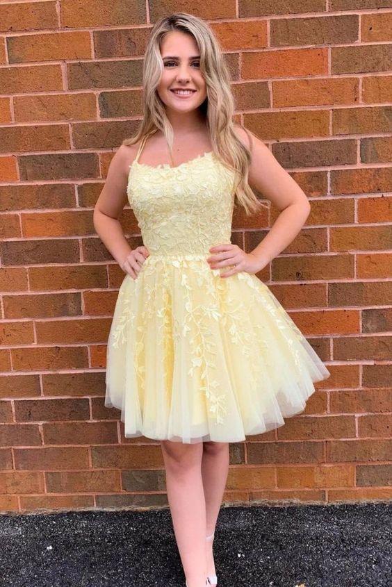 Short Yellow A-Line Appliqued Birthday Lace Homecoming Dresses Raegan Party Dress With Straps CD23730