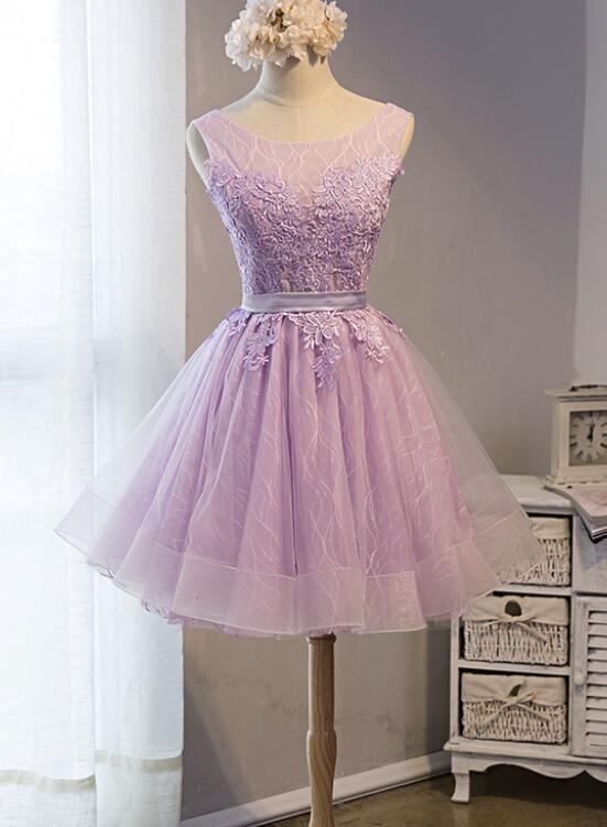 Light Purple Lace Homecoming Dresses Millicent Short Tulle Cute Round Neckline Short Formal Dress DH23915