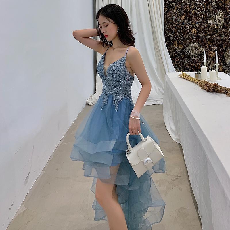 Blue High Low Yaritza Homecoming Dresses Lace Layers Tulle With Applique Party Dresses Blue DH23950