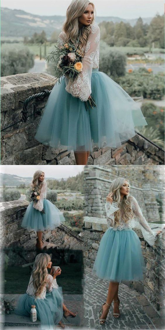 Cheap Tulle And Blue Short Homecoming Dresses Hailee Lace Two Pieces Dress CD24