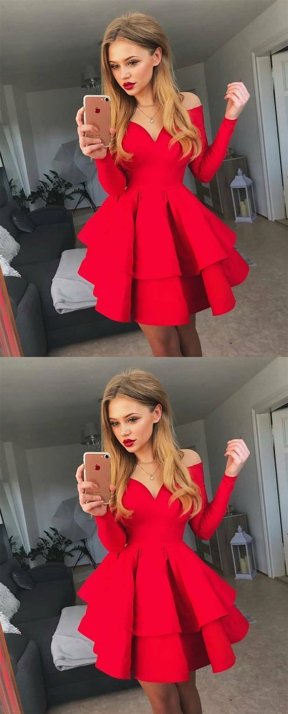 A-Line Crew Neck Long Sleeves Short Red Tiered Homecoming Dresses Hazel CD240