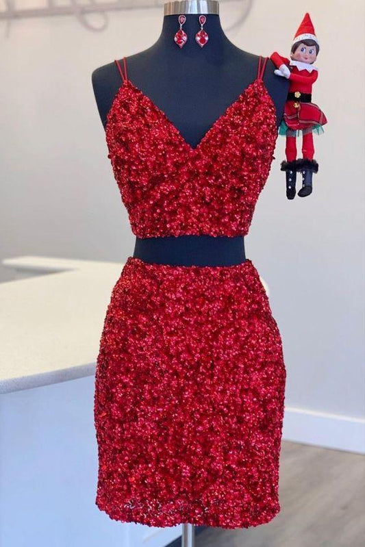 Two Piece Red Sequined Dress Homecoming Dresses Michelle CD24085